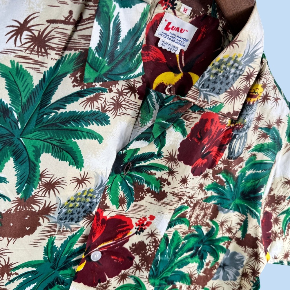 Vintage Luau Hawaiian Shirt Men M Cream Tropical Tiki Palm Tree Rayon 50s 60s